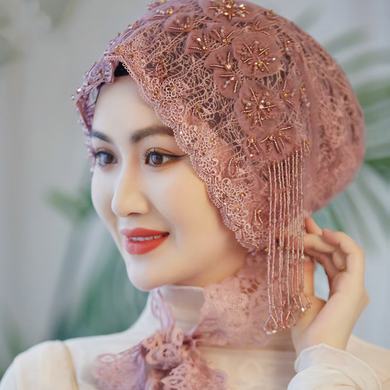 旅游头巾女包头帽子时尚盖头网纱纯手工流苏帽套头蕾丝飘带遮发帽