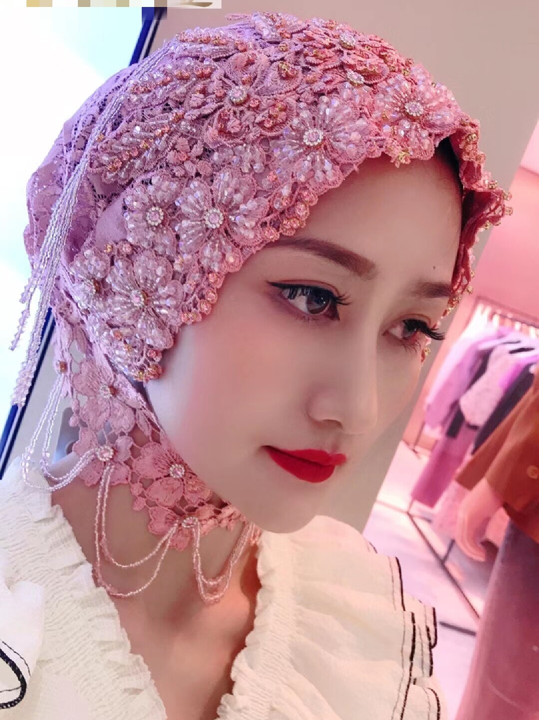 盖头女回族纱巾帽新款立体花手工流苏头巾帽洋气百搭时尚包头帽子