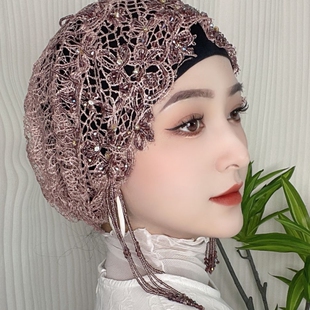 时尚镂空包头帽盖头女回盖头遮头手工蕾丝透气单层纱巾帽头巾帽子