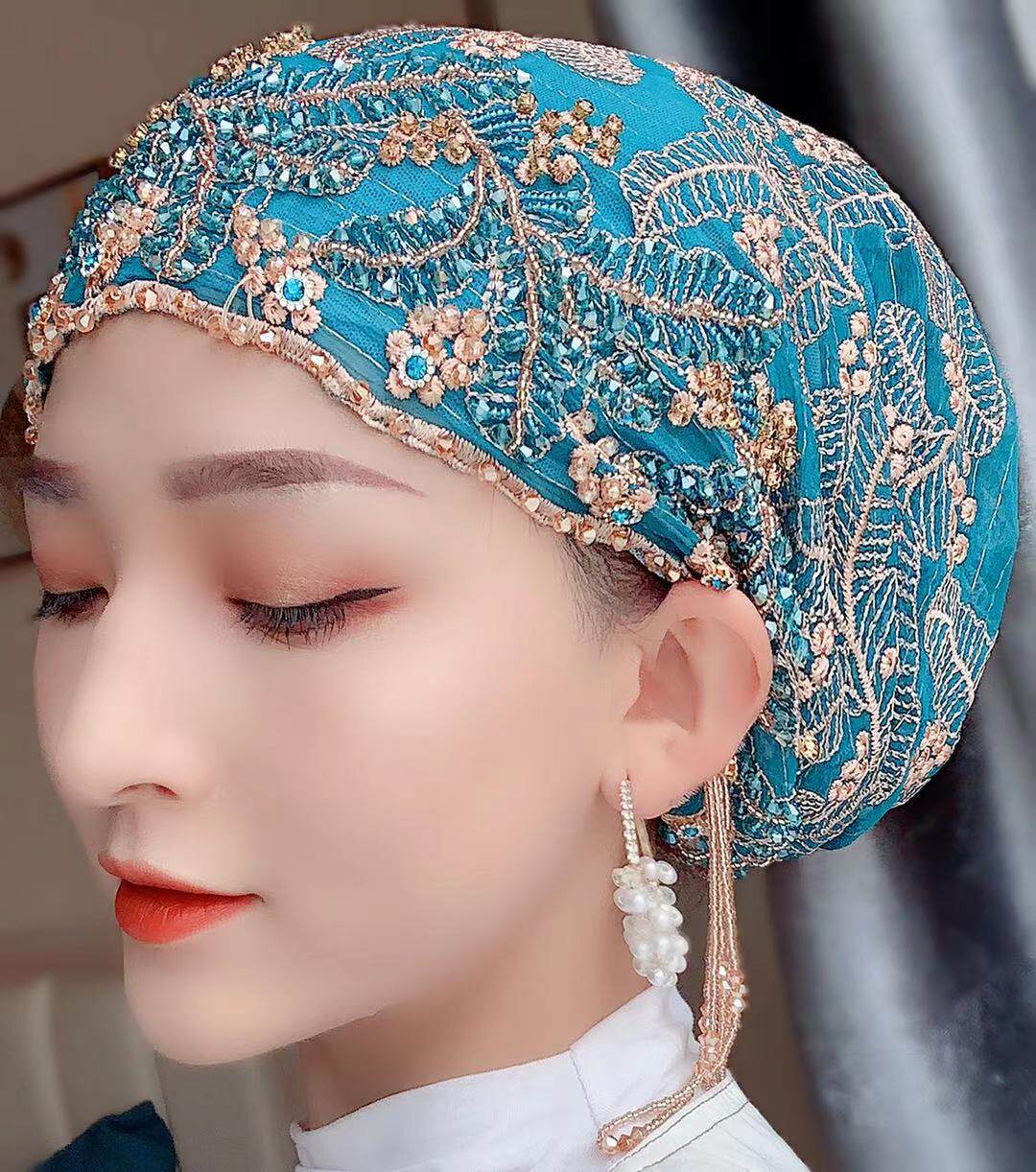 头巾帽子桑蚕丝真丝帽盖头女回流苏包头帽光头高端重手工纱巾帽子