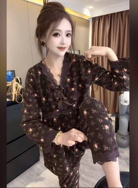 秋冬款洋气保暖长袖长裤睡衣套装蕾丝花边可外穿家居服大码女同