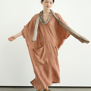 原创夏文艺复古新中式天丝宽松显瘦休闲连衣裙大码慵懒风茶服长袍