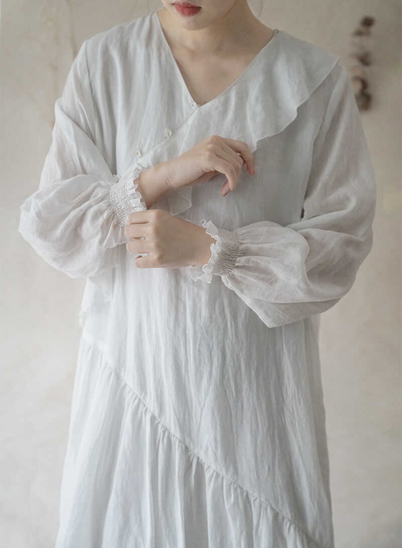 双层新品荷叶边斜襟春夏苎麻原创