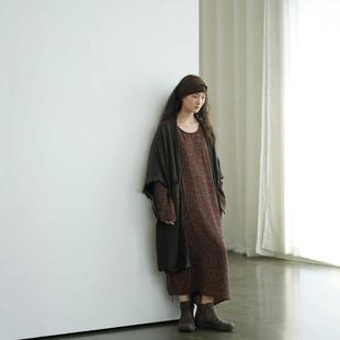 秋冬复古改良旗袍红花绕枝连身裙宽松印花长袖慵懒风不规则加厚袍