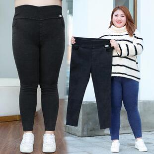 胖mm秋冬款百搭外穿弹力松紧腰打底裤子大码女士仿牛仔小脚铅笔裤