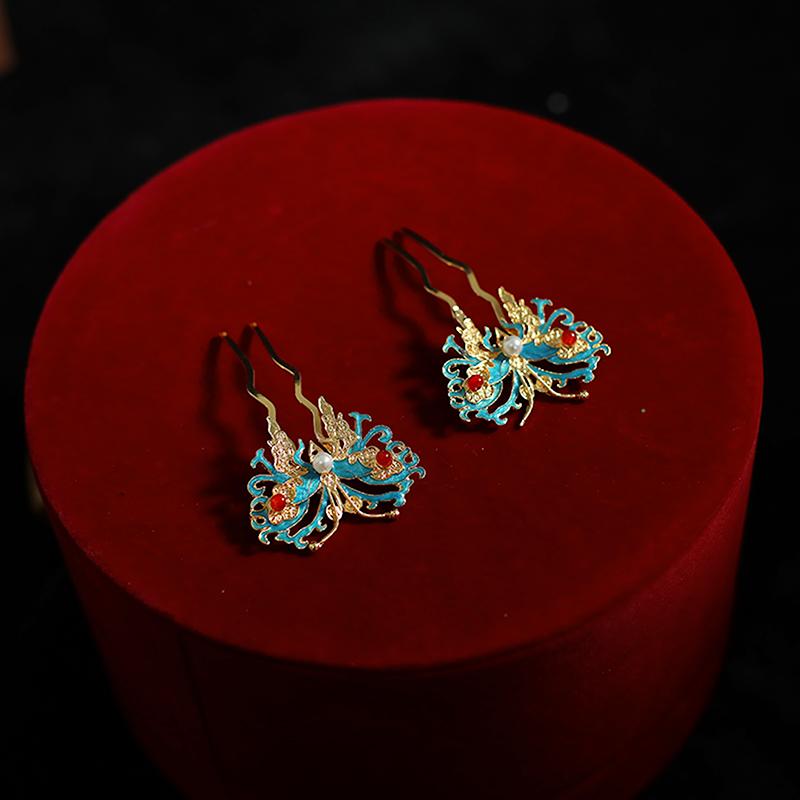 蝴蝶发钗古典烧蓝汉服头饰