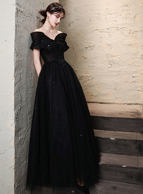 出租黑色晚礼服新款主持成人礼高端名媛仙气宴会生日走秀高级感