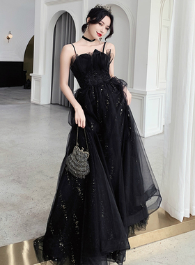 出租黑色小晚礼服裙女吊带长款礼服学生生日成人礼主持人宴会气质