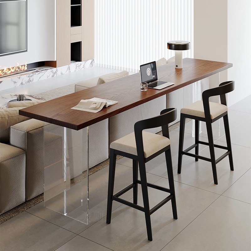 复古实木吧台桌横厅沙发后吧台长条桌家用亚克力悬浮高脚桌椅组合