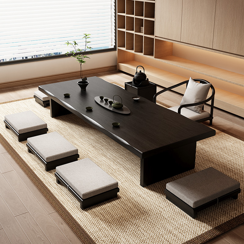 茶室黑色榻榻米茶桌侘寂风茶几桌民宿日式矮桌飘窗炕桌坐地泡茶桌