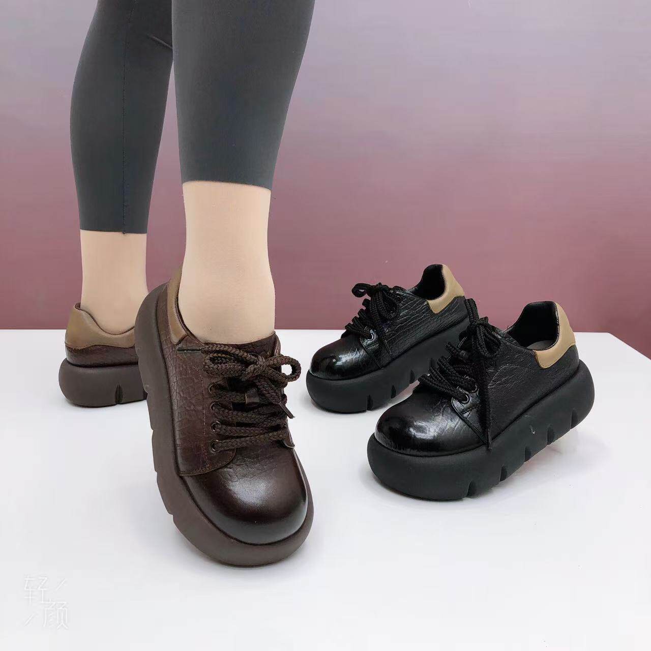 2026秋季新款真皮女士厚底系带单鞋纯皮圆头百搭牛皮时尚休闲女鞋