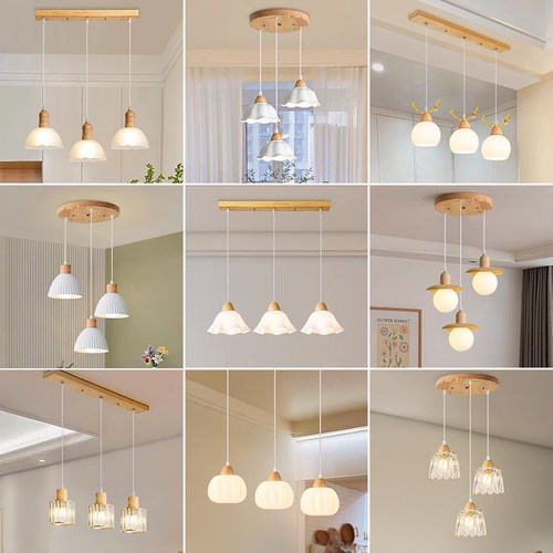 餐厅吧台原木木艺三头长线小吊灯