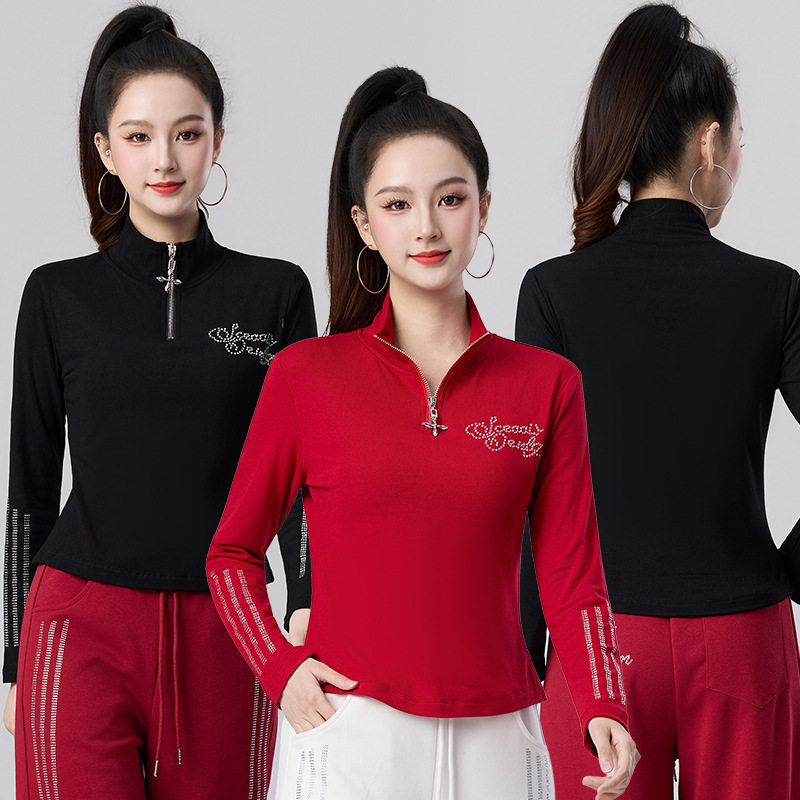 广场舞跳操健身运动服装春秋季长袖烫钻上衣中老年大妈时尚跳舞衣