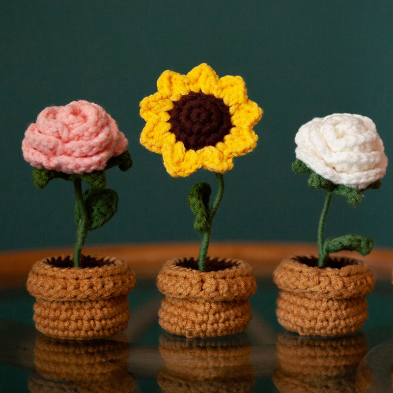 手工diy花束编织向日葵玫瑰花毛线勾线针织现货制作礼物摆件成品