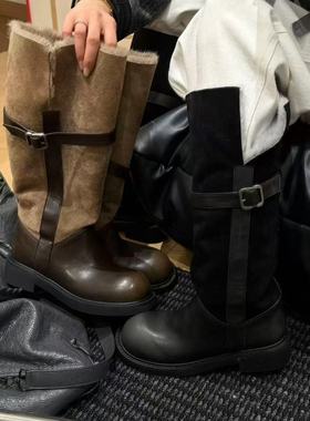 H55女鞋剑桥冬令时2025新款超大腿围两穿冬季加棉高筒中古骑士靴