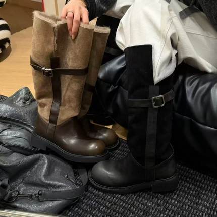 H55女鞋剑桥冬令时2025新款超大腿围两穿冬季加棉高筒中古骑士靴