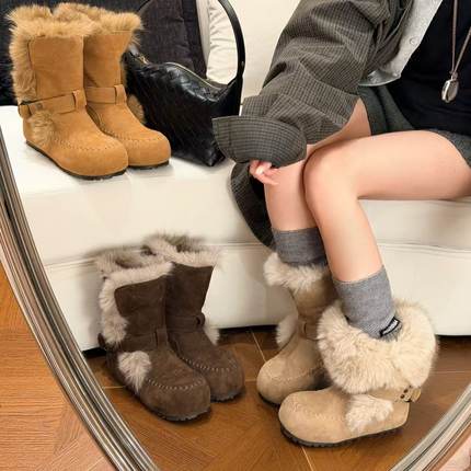 H55女鞋摩尔曼极光2025冬季新款可两穿珩线短筒游牧毛毛靴雪地靴