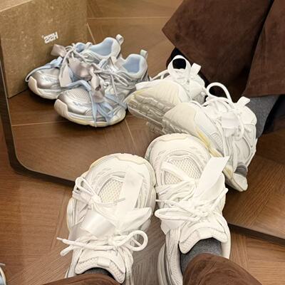 H55女鞋霓虹流光2026春新款刺绣拼色休闲风增高蝴蝶结银色老爹鞋