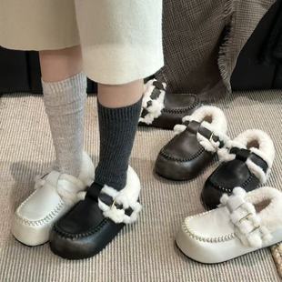 皮面游牧风厚底加绒圆头编织勃肯鞋 新款 安第斯2025冬季 H55女鞋