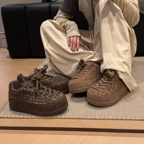 H55女鞋2025新款秀场粗花呢厚底增高小胖丁百搭休闲蓬蓬面包鞋