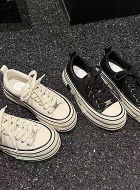 H55女鞋极简主义2026年春季新款休闲百搭皮面复古厚底增高板鞋女