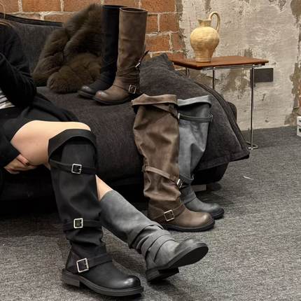 H55女鞋象牙塔2025冬季新款木跟圆头套筒皮带扣英伦高筒过膝长靴