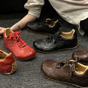 H55女鞋神秘派对2026新款头层牛皮平底阿甘鞋复古百搭休闲德训鞋