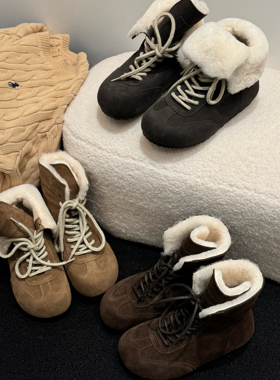 H55女鞋小熊拳击手2025冬季新款工装风加绒保暖雪地靴绑带拳击靴