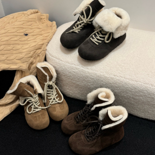 H55女鞋小熊拳击手2025冬季新款工装风加绒保暖雪地靴绑带拳击靴