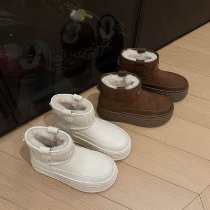 H55女鞋比弗利山庄2025冬季新款极简百搭保暖短靴厚底皮面雪地靴
