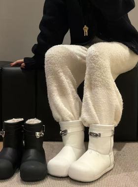 H55女鞋熊掌千金2025冬季新款加绒皮面皮带扣短筒百搭防水雪地靴