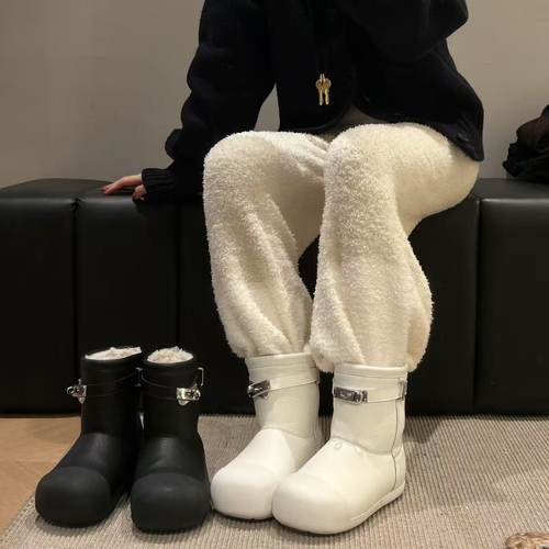 H55女鞋熊掌千金2025冬季新款加绒皮面皮带扣短筒百搭防水雪地靴