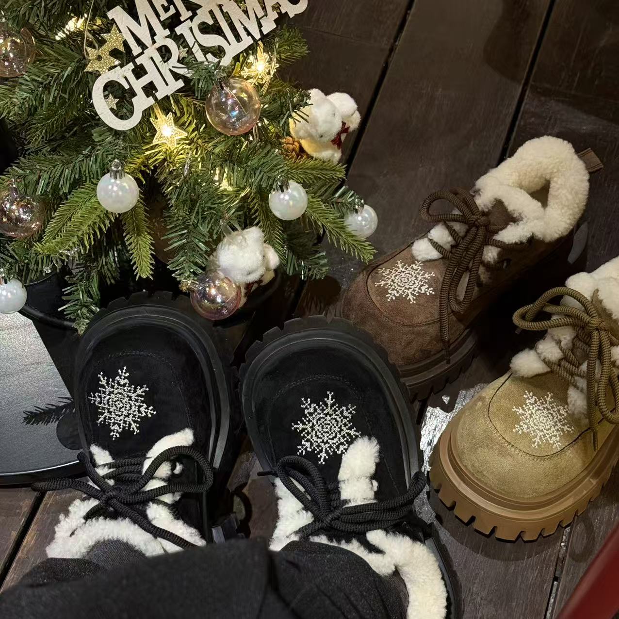 H55女鞋晚夜落雪2025冬季新款费尔岛雪花厚底百搭时尚增高乐福鞋