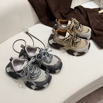 H55女鞋波普漫游2026春季新款厚底增高休闲百搭撞色银色老爹鞋女