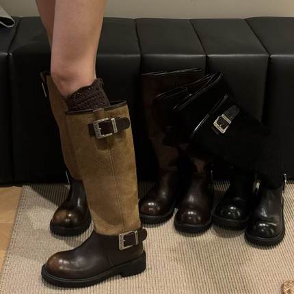 H55女鞋乱序芬奇2025新款废土风直筒可调节帕带显瘦大腿围骑士靴