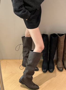 H55女鞋东京愈创木2025冬季新款百搭褶皱质感长筒靴尖头时装靴