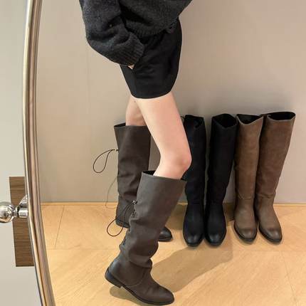 H55女鞋东京愈创木2025冬季新款百搭褶皱质感长筒靴尖头时装靴