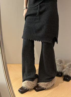 【现货】H55女鞋浮世绘冬季新款复古法式毛毛粗跟保暖方头小高跟