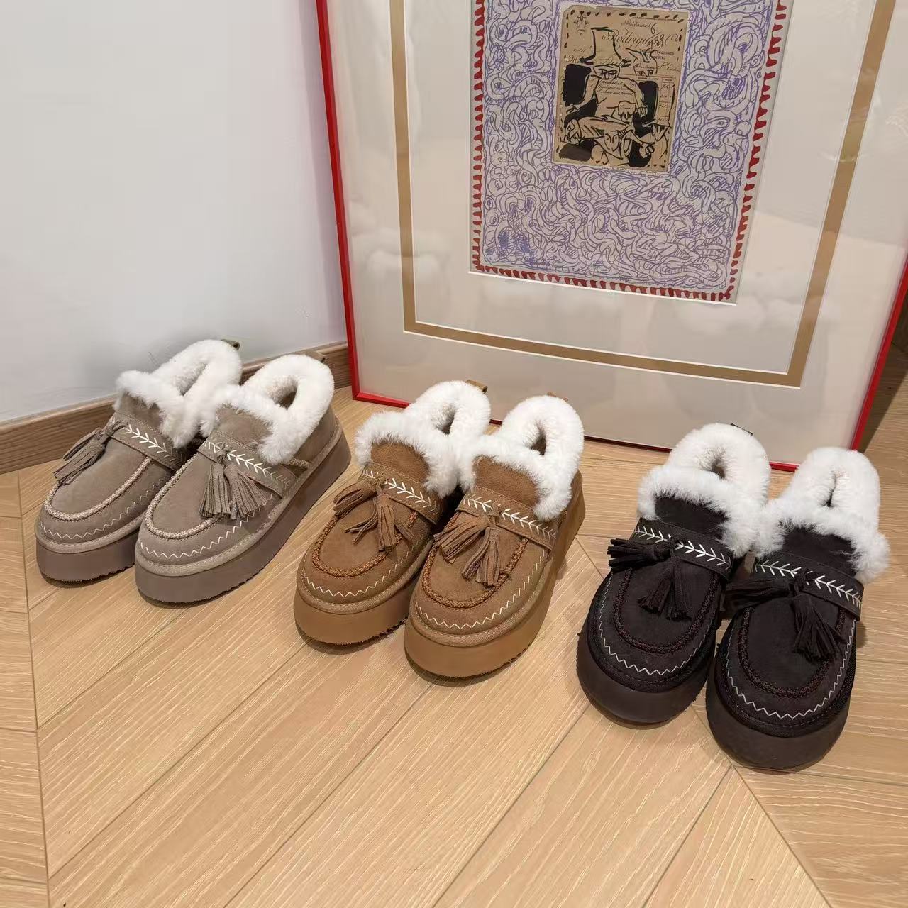 H55女鞋雪顶松松2025冬季新款加绒加厚流苏毛毛增高厚底雪地靴