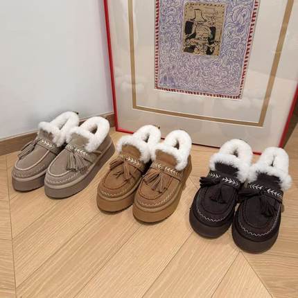 H55女鞋雪顶松松2025冬季新款加绒加厚流苏毛毛增高厚底雪地靴