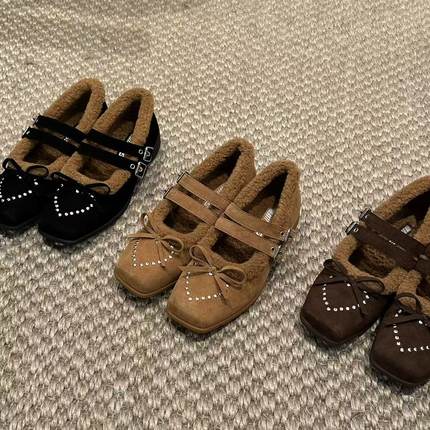 H55女鞋奥黛丽复古摩登2025冬季新款方头浅口单鞋蝴蝶结玛丽珍鞋