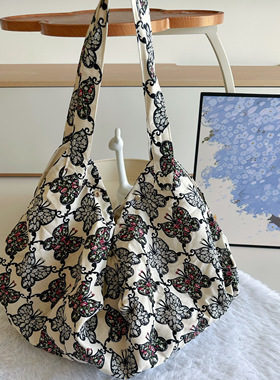 大容量国风蝴蝶印花帆布包休闲复古民族风单肩包托特包沙滩包