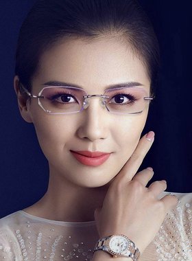精致镶钻无框切边眼镜可配近视