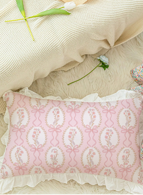奶油粉公主风原创洛可可水洗棉枕套蝴蝶结花边抱枕腰枕芯头一只对