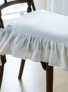 法式纯白色水洗棉坐垫绑带固定花边座垫可拆洗布艺加厚实木椅子垫