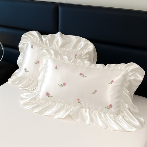 柔滑凉感少女心粉玫瑰枕套夏季一对只装单双人荷叶花边枕头皮