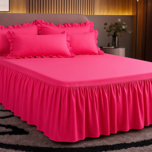 亮色玫红单床裙水洗棉单件床罩荷叶花边被单喜庆大红枕套三件套