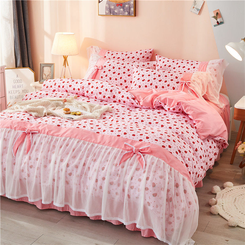 韩式公主风蝴蝶结被套全棉四件套网红少女心蕾丝床裙床单床上ins