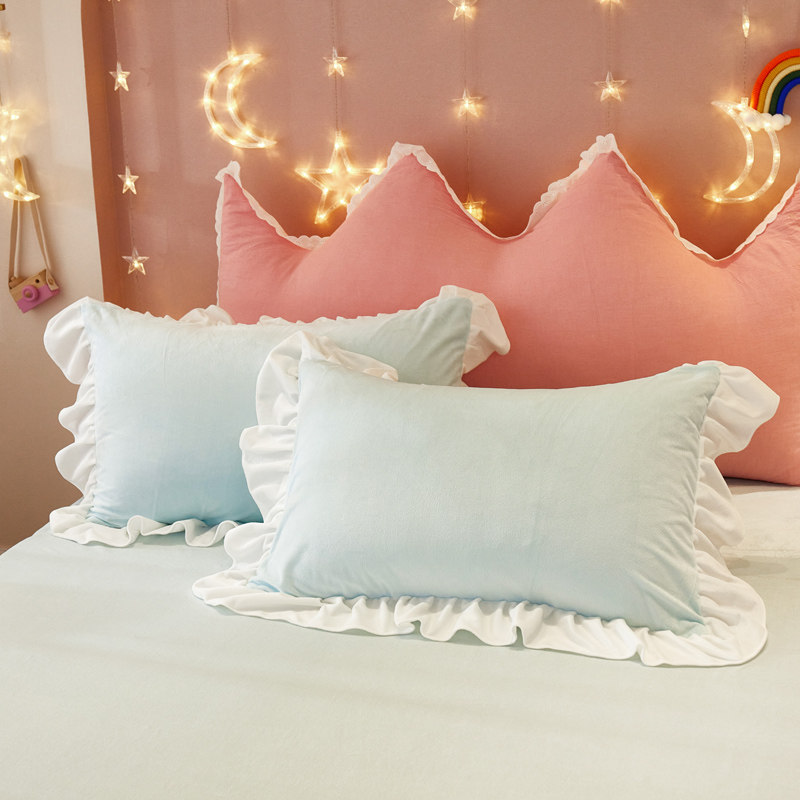 浅蓝加厚双面牛奶绒枕套韩式花边纯色法莱绒单人枕头套枕巾一对装