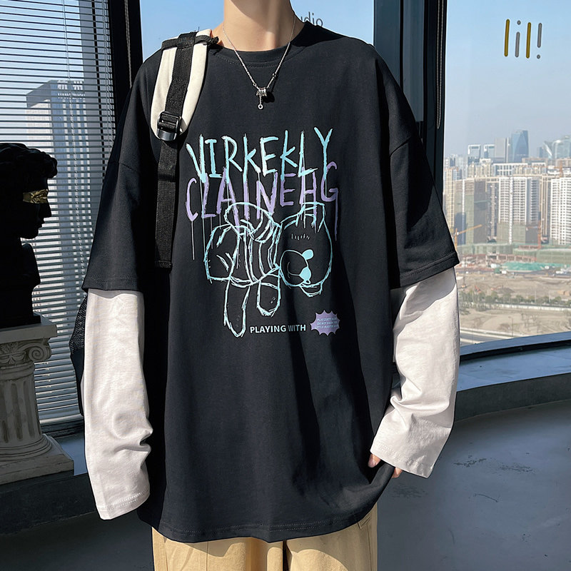 港風凱棉新款印花長袖恤假兩件上衣